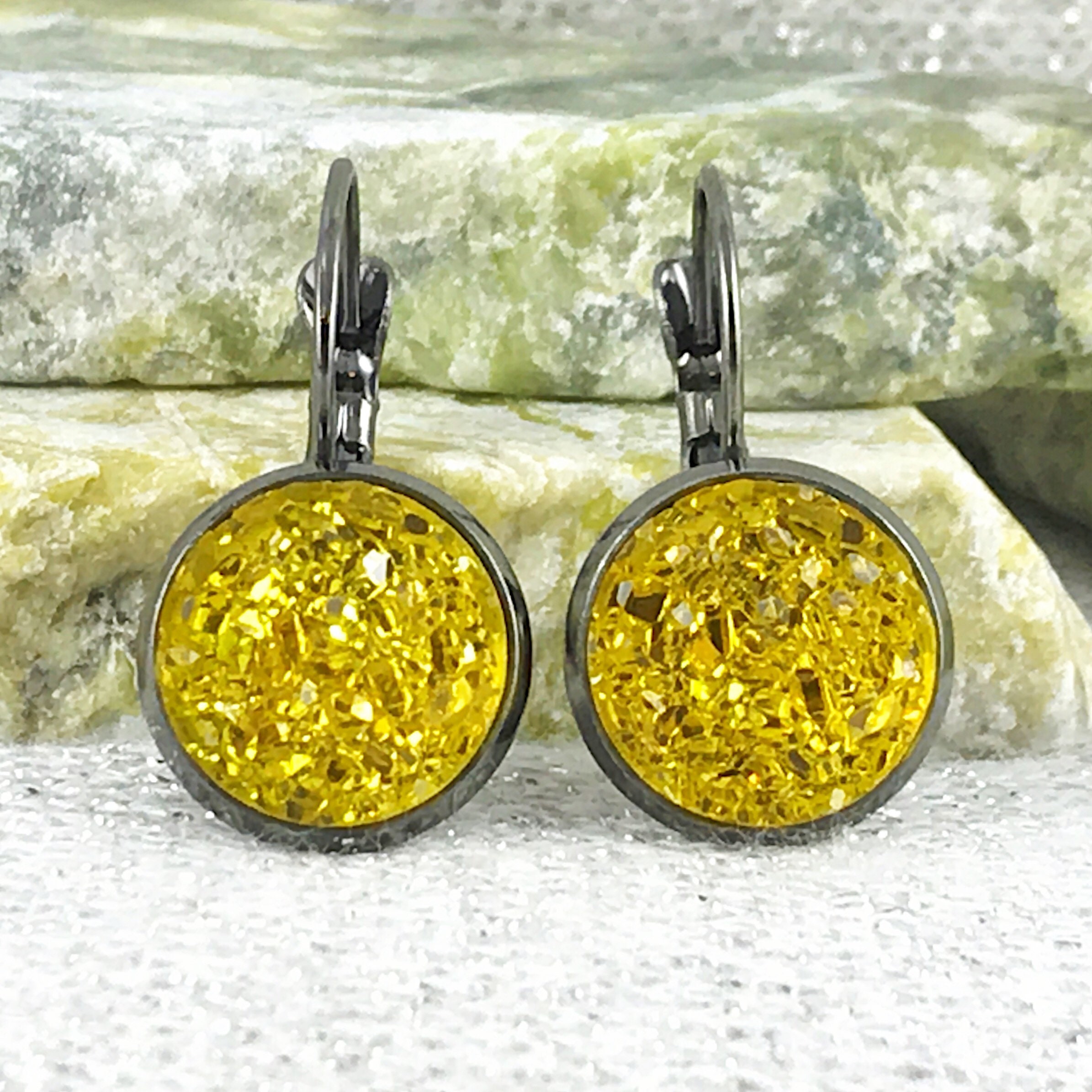 Yellow Druzy Drop Earrings Yellow Leverback Earrings for | Etsy