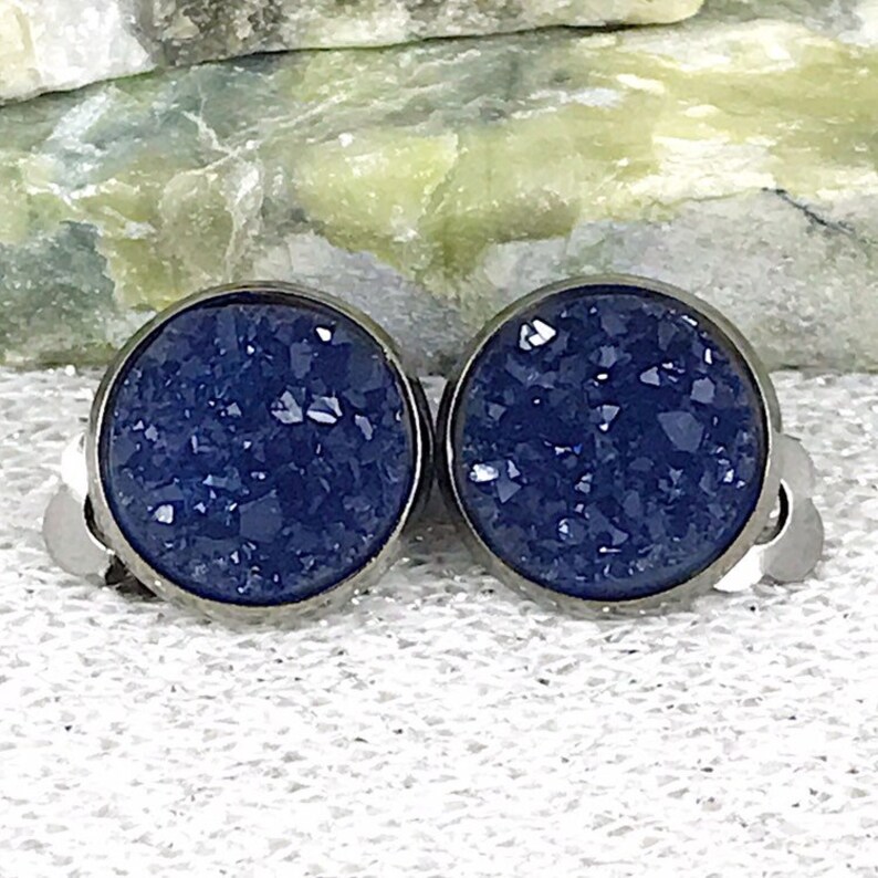 Navy Druzy Clip On Earrings Navy Blue Clip On Earrings for Etsy