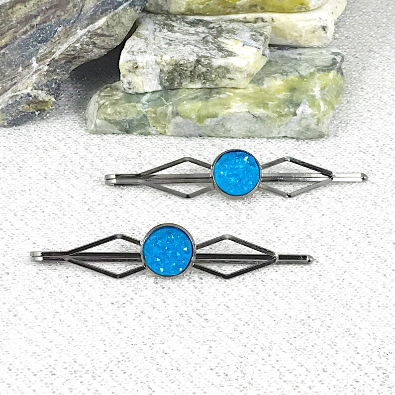 Bermuda Blue Druzy Barrettes Something Blue Wedding Hair Clips for Bride Druzy Hair Accessories Bride Barrettes Bridesmaid Hair Pins