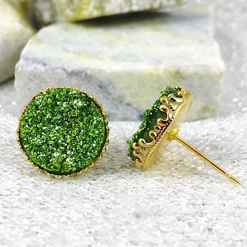 Green Glittery Druzy Stud Earrings Irish Earrings St Patricks Day Jewelry St Patricks Day Accessories St Patricks Day Stud Earrings
