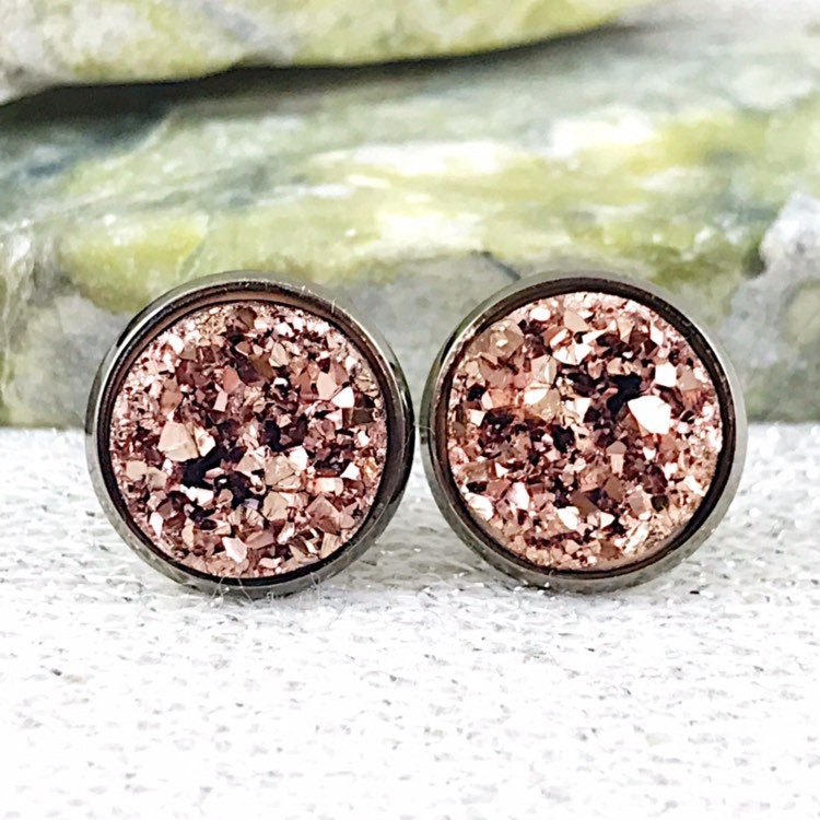 Rose Gold Druzy Stud Earrings Bridesmaid Gifts Rose Gold | Etsy