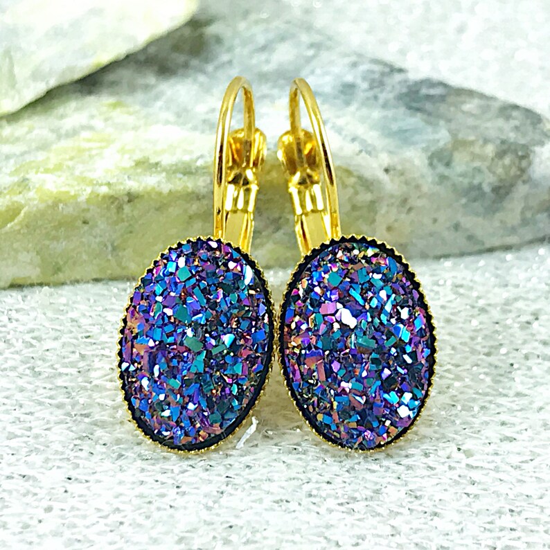 Purple Rainbow Druzy Drop Earrings Purple Rainbow Bridesmaid Earrings Oval Bridesmaids Jewelry Wedding Earrings for Bridesmaids