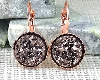 Bridesmaid Gift - Rose Gold Druzy Earrings - Leverback Earrings - Bridesmaid Earrings - Wedding Jewelry - Rose Gold - Earrings - Jewelry -