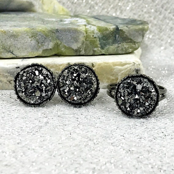 Gunmetal Druzy Jewelry Set Gunmetal Druzy Earrings Etsy