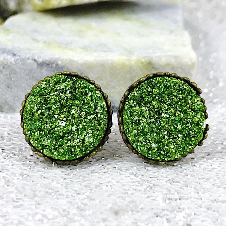 Green Glittery Druzy Stud Earrings Irish Earrings St Patricks Day Jewelry St Patricks Day Accessories St Patricks Day Stud Earrings