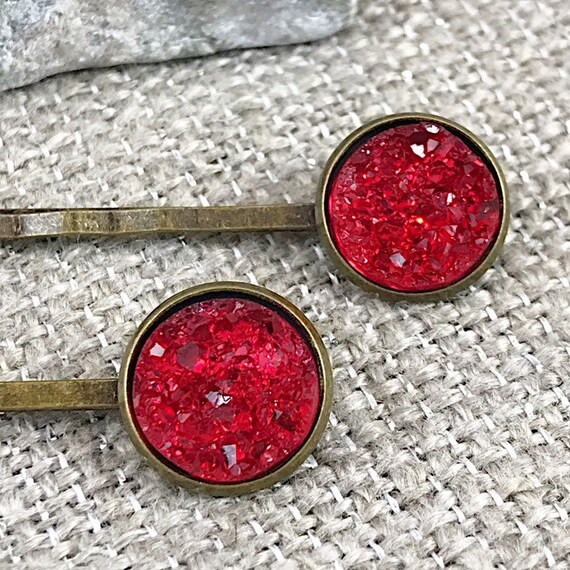 Red Prom Hair Pins Red Druzy Bobby Pins Prom Hair Etsy