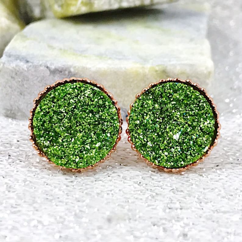Green Glittery Druzy Stud Earrings Irish Earrings St Patricks Day Jewelry St Patricks Day Accessories St Patricks Day Stud Earrings