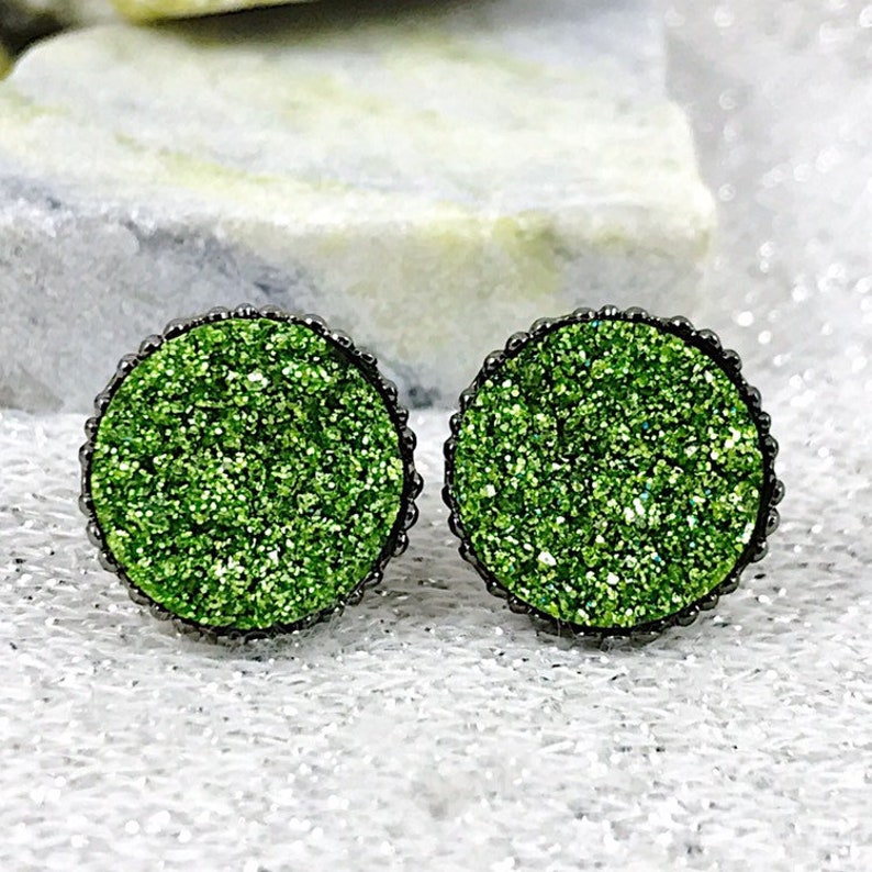 Green Glittery Druzy Stud Earrings Irish Earrings St Patricks Day Jewelry St Patricks Day Accessories St Patricks Day Stud Earrings