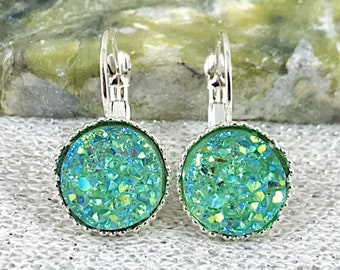 Mint Druzy Drop Earrings for Women - Mint Green Dangly Leverback Earrings - Bridesmaid Gifts - Summer Wedding Jewelry - Unique Gifts for Her