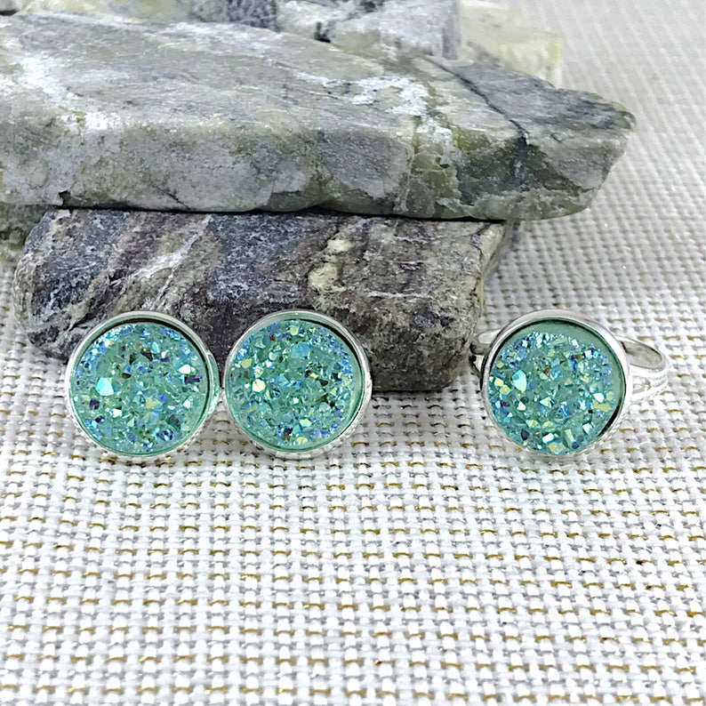 Druzy Earrings Druzy Ring Bridesmaid Gift Druzy Mint Green Druzy Jewelry Set Mint Mint Green Flower Girl Jewelry Druzy Jewelry