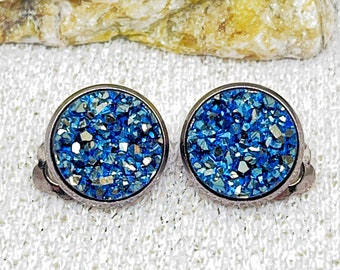 Slate Blue Druzy Clip On Earrings for Women - Unique Clip On Earrings - Blue Non Pierced Bridesmaid Earrings - Druzy Non Pierced Earrings