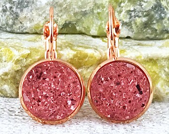 Candy Pink Druzy Drop Earrings for Women and Girls - Pink Dangly Leverback Earrings - Birthday Gift for Girls - Pink Druzy Wedding Jewelry