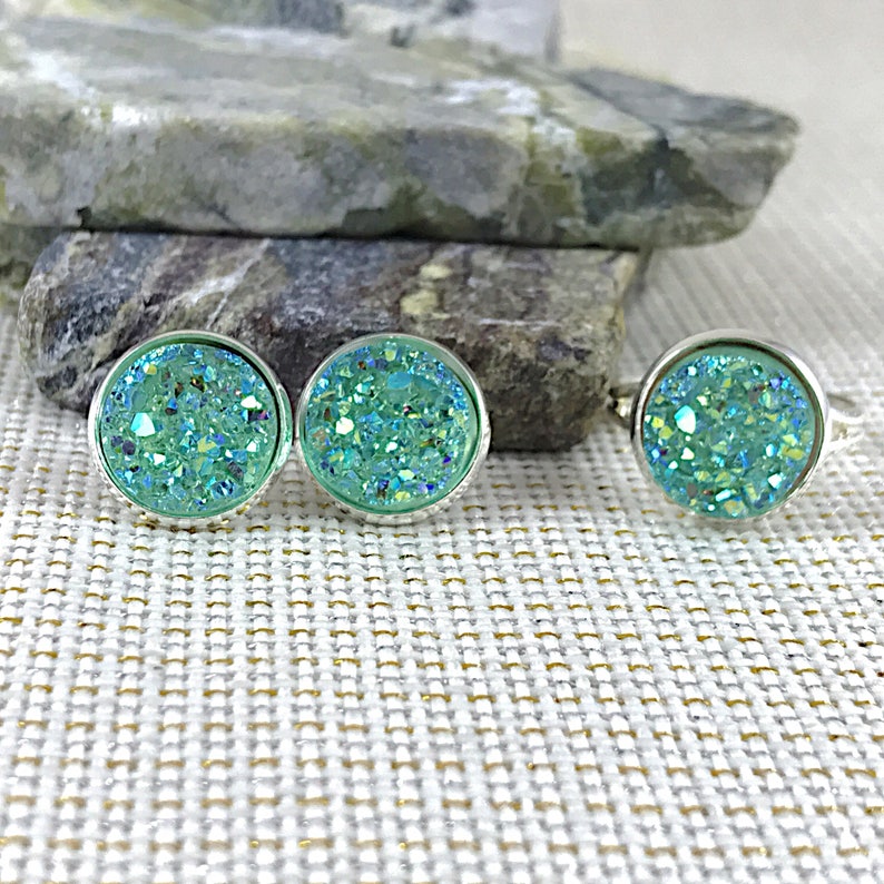 Druzy Earrings Druzy Ring Bridesmaid Gift Druzy Mint Green Druzy Jewelry Set Mint Mint Green Flower Girl Jewelry Druzy Jewelry