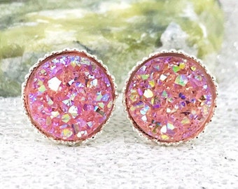 Pink Druzy Stud Earrings for Women - Bridesmaid Gifts - Summer Druzy Earrings - Pink Druzy Wedding Jewelry - Birthday Gift for Teen Girls