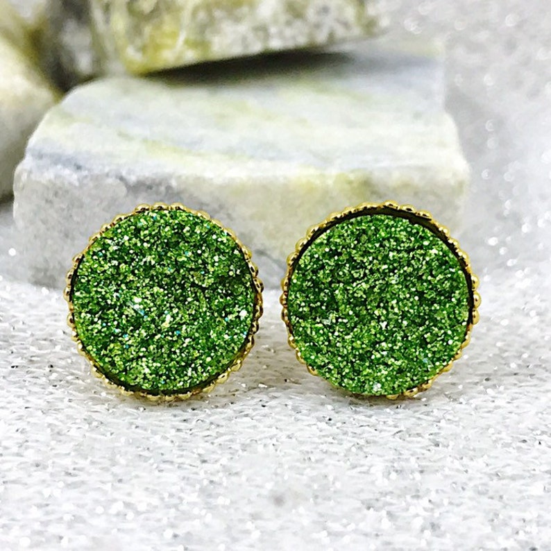 Green Glittery Druzy Stud Earrings Irish Earrings St Patricks Day Jewelry St Patricks Day Accessories St Patricks Day Stud Earrings