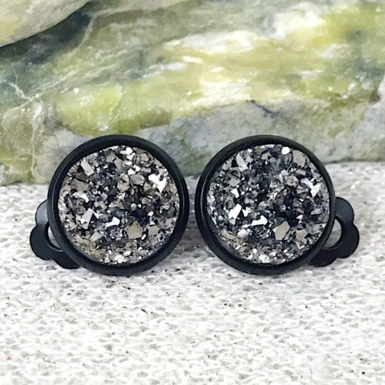 Gunmetal Druzy Clip On Earrings Boho Clip On Earrings for Etsy