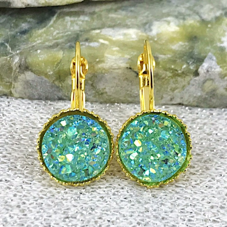 Mint Druzy Drop Earrings Leverback Earrings Mint Green Etsy