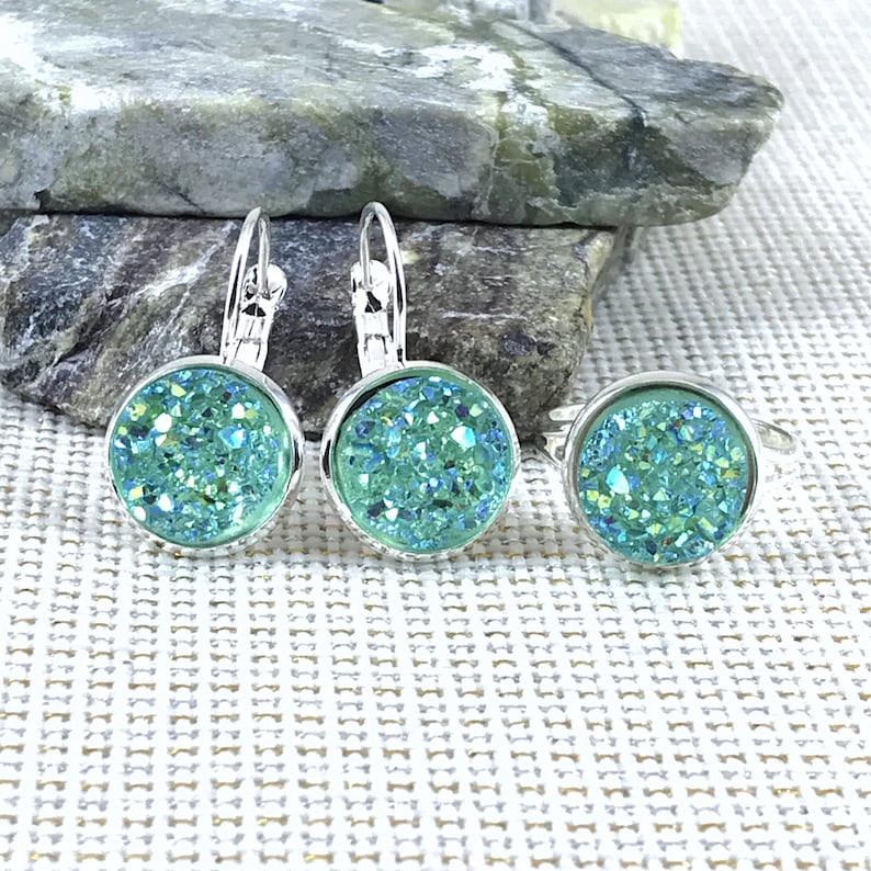 Druzy Earrings Druzy Ring Bridesmaid Gift Druzy Mint Green Druzy Jewelry Set Mint Mint Green Flower Girl Jewelry Druzy Jewelry