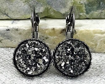 Gunmetal Druzy Drop Earrings for Women - Dangly Gunmetal Druzy Earrings - Gunmetal Druzy Jewelry for Her - Unique Birthday Gift for Women
