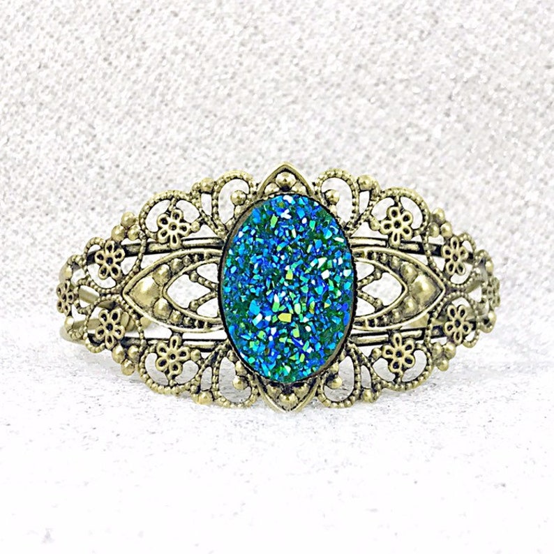 Oval Green Druzy Jewelry Green Druzy Filigree Cuff Bracelet Bridesmaid Bracelet Gifts Emerald Green Druzy Cuff Bracelet for Women
