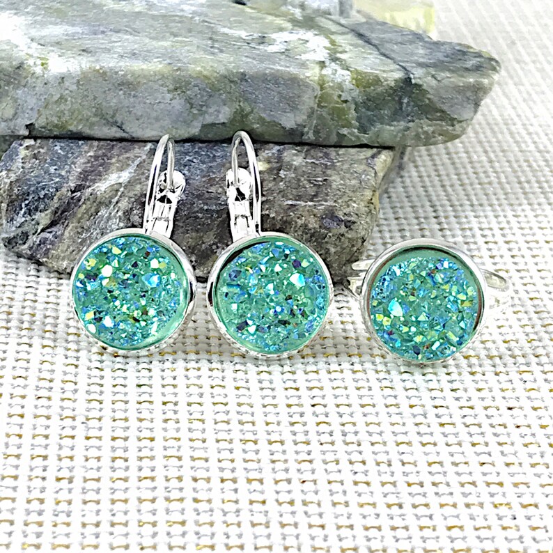 Druzy Earrings Druzy Ring Bridesmaid Gift Druzy Mint Green Druzy Jewelry Set Mint Mint Green Flower Girl Jewelry Druzy Jewelry