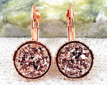 Rose Gold Druzy Drop Earrings for Women - Rose Gold Dangly Leverback Earrings - Rose Gold Druzy Jewelry - Gifts for Her - Bridesmaid Gifts