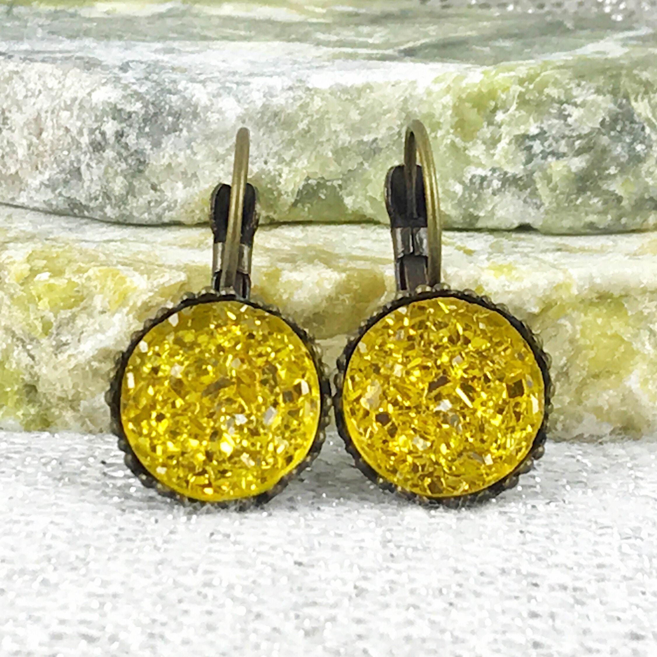 Yellow Druzy Drop Earrings Yellow Leverback Earrings for | Etsy