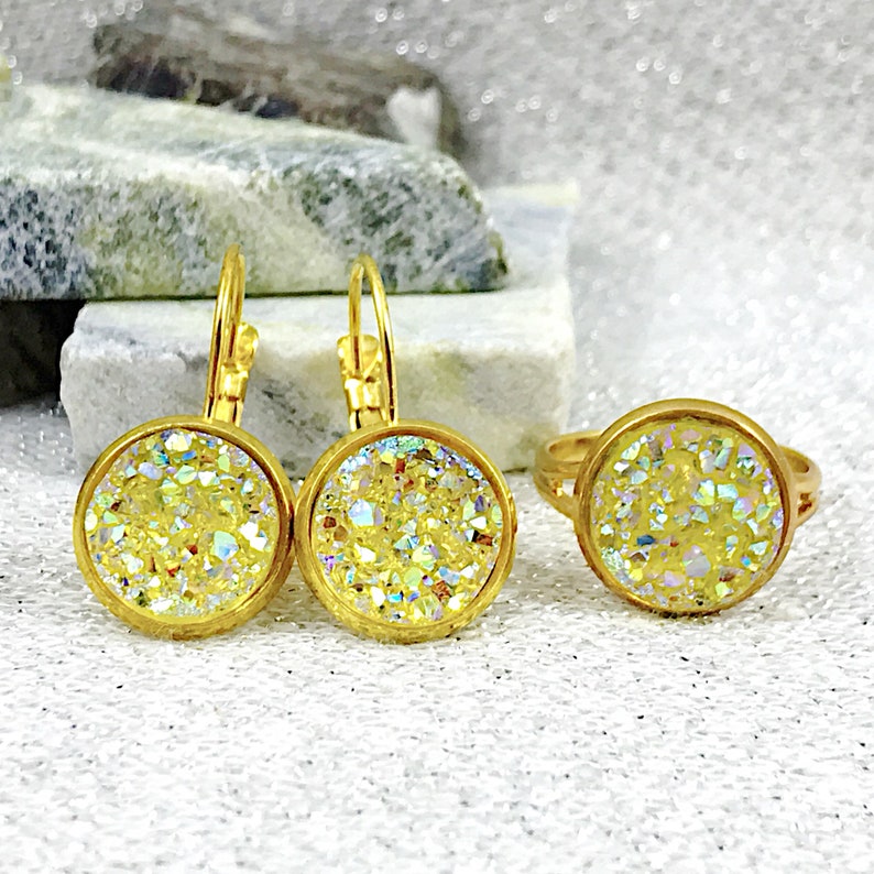Spring Jewelry Gift Yellow Druzy Earrings Yellow Druzy Jewelry Set Yellow Druzy Earrings and Ring Set Yellow Adjustable Druzy Ring