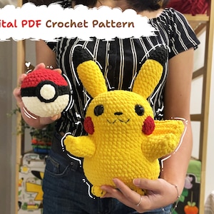 May include: A crocheted Pikachu plush toy in yellow with red cheeks and black eyes. The toy is being held by a person wearing a black and white striped shirt and blue jeans. The person is also holding a red and white crocheted Pokeball.