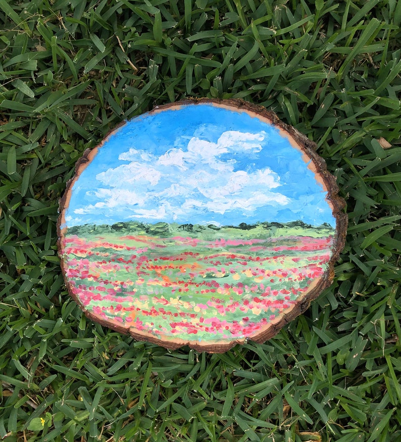 Flower Field on Wood Original Art Hand Painted Oil Painting Wood Art