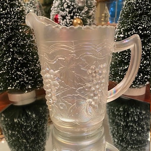 Imperial Iridescent White Carnival Glass Pitcher; Signed; Opalescent; Grapes; 6&quot; Tall Pitcher; Collectible Glassware