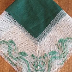 St. Patrick&#39;s  Day Hanky; Tulle Edge with Green Embroidered Shamrocks;  Irish Hanky; Retro Hanky; Vintage Hanky; Holiday Hanky; Gift Hanky