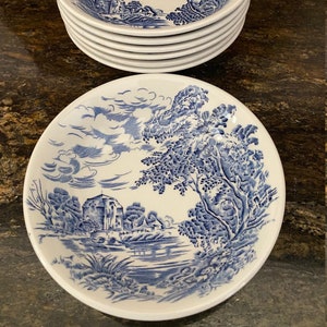 Vtg Enoch Wedgewood (Tunstall) Ltd. Fruit/Dessert Bowls; Countryside Pattern; Blue and White; English China