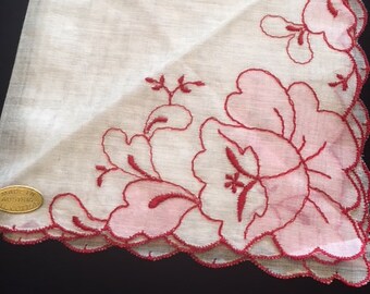 Vintage Ladies Embroidered Handkerchief; Floral Handkerchief; Red, Pink and White Floral; Made in Austria, Mother's Day Gift