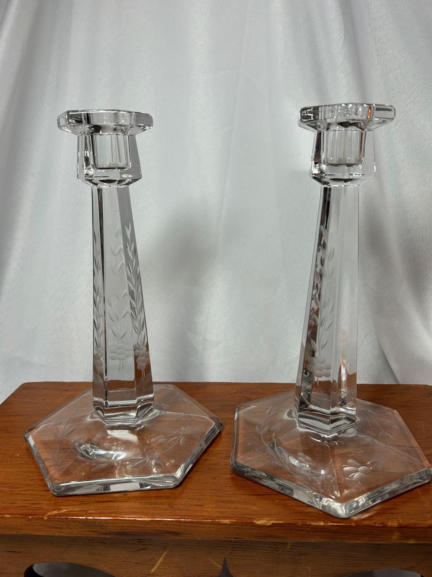 Vintage Crystal Candlestick Holders, Etched Floral Design, 1930's-1940's