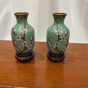 Pair of Miniature Chinese Cloisonne Vases with Stands; Chinoiserie Decor