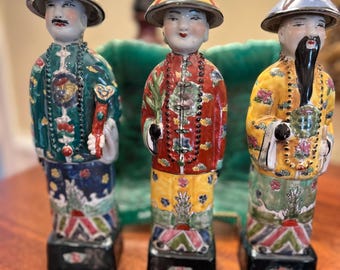 Chinese Porcelain Qing Emperor Figures; Set of Three (3); Hand Painted; Chinoiserie Decor