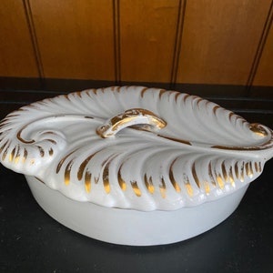 1950s Blue and Gold Hollywood Regency Lidded Candy Dish or Trinket Box; Retro Dresser Box; Leaf Design
