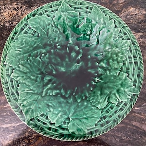 Emerald Green Majolica Pedestal Plate; Vintage Majolica
