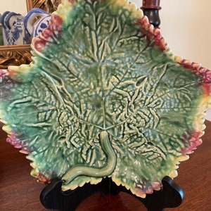Bordallo Pinheiro Maple Leaf Dish; Green with Brown and Yellow Edges; Portugese Pottery