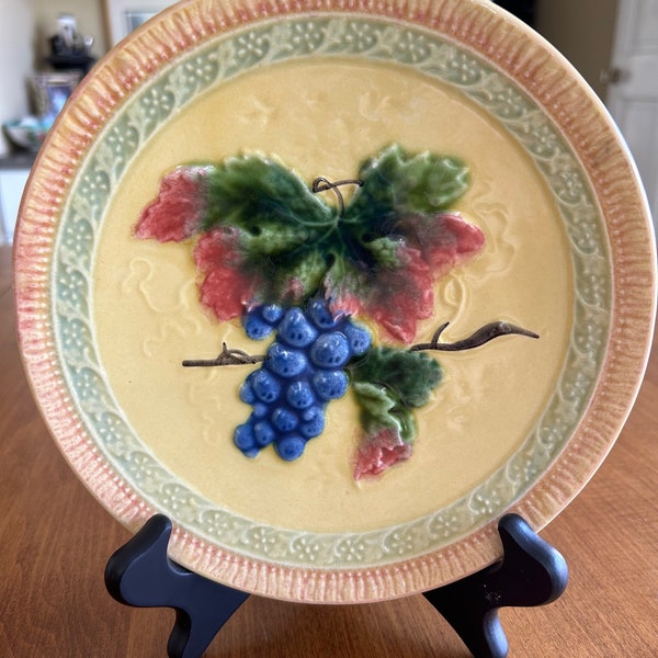 German Majolica Plate; Yellow Background with Grapes and Leaves; Black Forest Art Pottery; 7 3/4 inch diameter