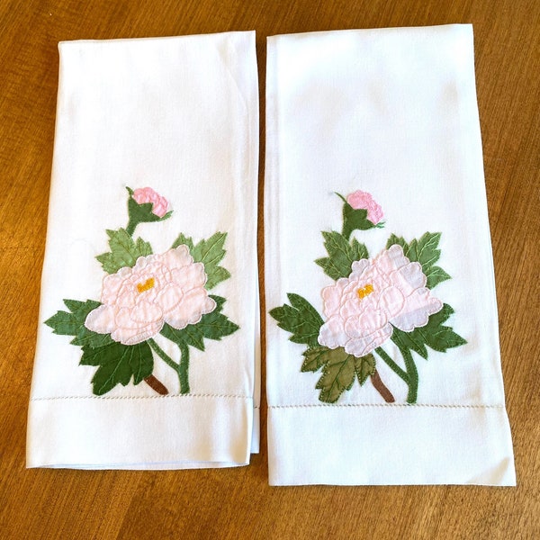 Vintage Linen Tea Towels with Pink Chrysanthemum Applique