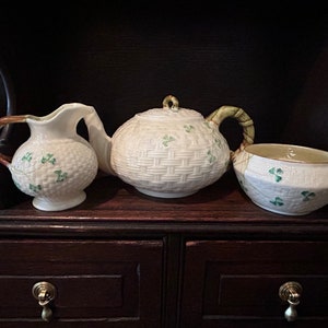 Belleek Shamrock Baskeweave Teapot, Sugar and Creamer; 3 Piece Set; 6th Green Mark 1965-1980; Irish Collectibles