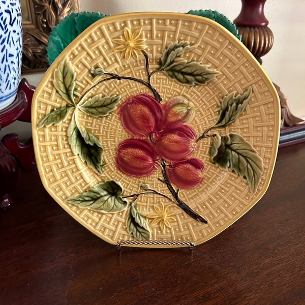 Yellow Majolica Plate with Pomegranates & Flowers on Basketweave; 8 5/8" Diameter;  Zell Co., Germany; Hand Painted; LDBC Importer