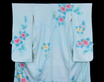 Vintage Japanese Kimono / Furisode / Sou-Shibori /Blue / Flower / D56