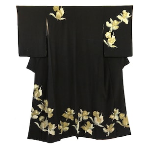 Vintage Japanese Kimono / Tsukesage / Black / Daffodil / Hitokoshi-Chirimen / B3
