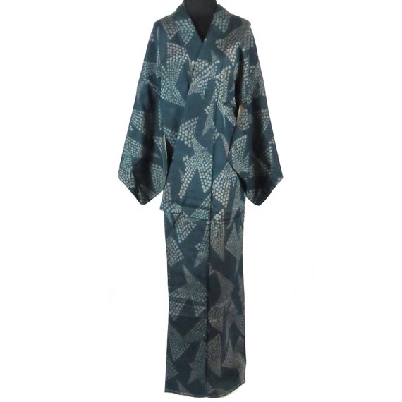 Vintage Japanese Kimono / Meisen / Green / D28 - image 2