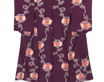 Vintage Japanese Kimono / Meisen / Rayon & Silk / Komon / Purple / Flower / J67