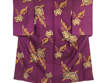 Vintage Japanese Kimono / Mon - Rinzu / Silk / Purple / Komon / Flower / J75
