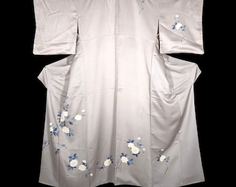 Kimono Japonés Vintage / Tsukesage / Gris / Peonía / L101